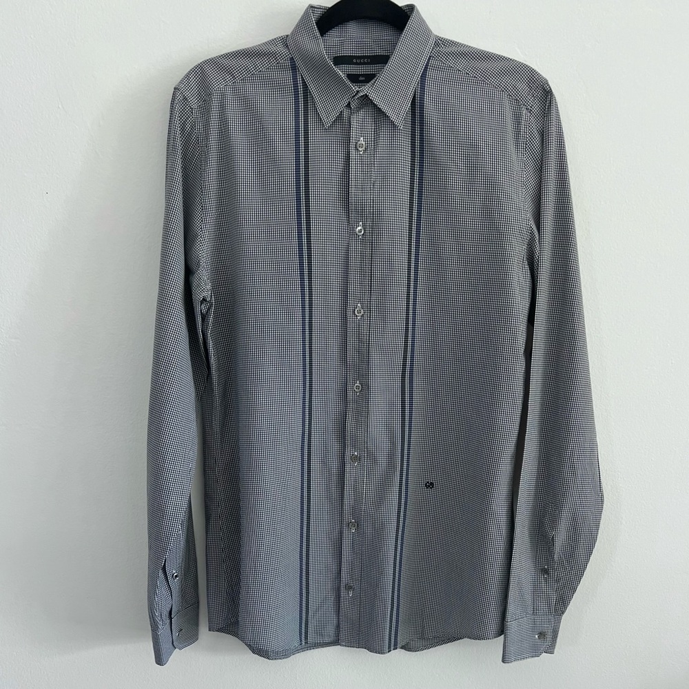 Gucci Mens Sz 16/41 Slim Fit Button Down Shirt White/Blue/Black Plaid Italy euc